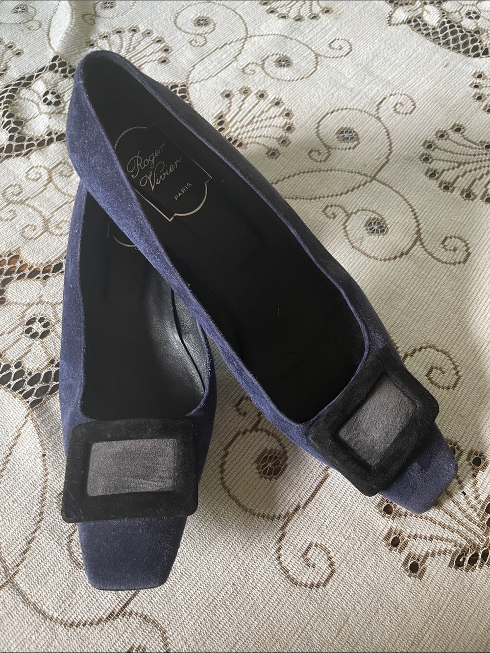 Roger Vivier Belle Vivier Navy Kid Suede Square Black/Gray Buckle Flats